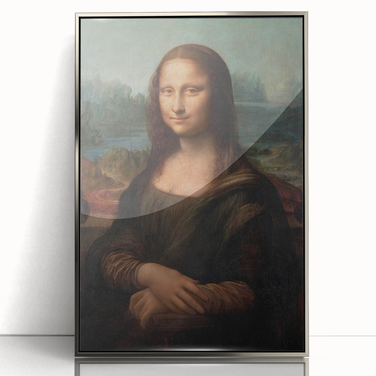 Art Deco poster of Leonardo da Vinci in muted silver tones, acrylic framed, ideal for modern art wall decor.