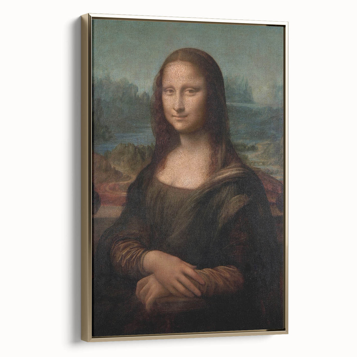 Framed canvas of Leonardo da Vinci landscape art painting, featuring muted earth tones and vintage poster style.