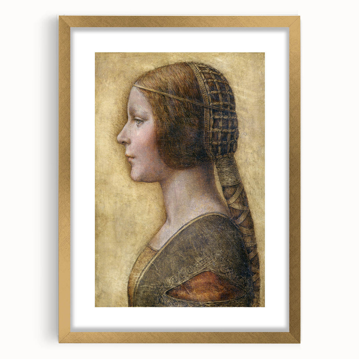 Textured abstract art print of Leonardo da Vinci's design in a gold frame, ideal for bedroom art.