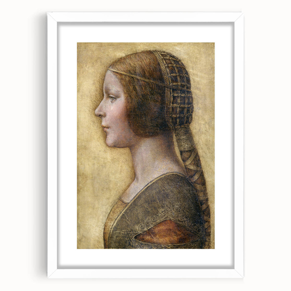 Extra large wall art featuring a textured abstract print of Leonardo da Vinci's work in a white frame.