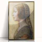 Mid-century modernist art depicting Leonardo da Vinci in muted earth tones on a framed acrylic.