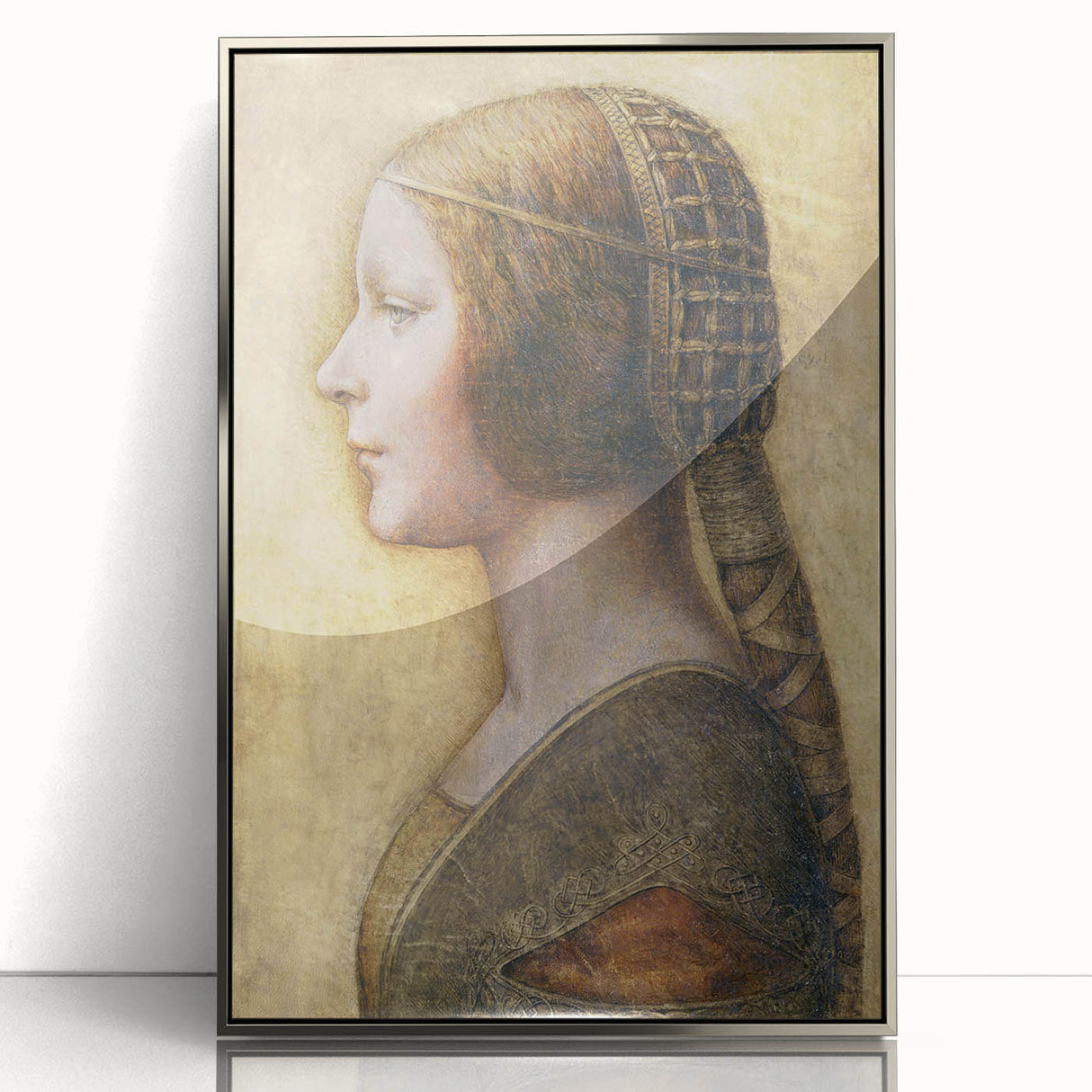 Art deco poster of Leonardo da Vinci in silver frame, ideal for modern nursery wall art.