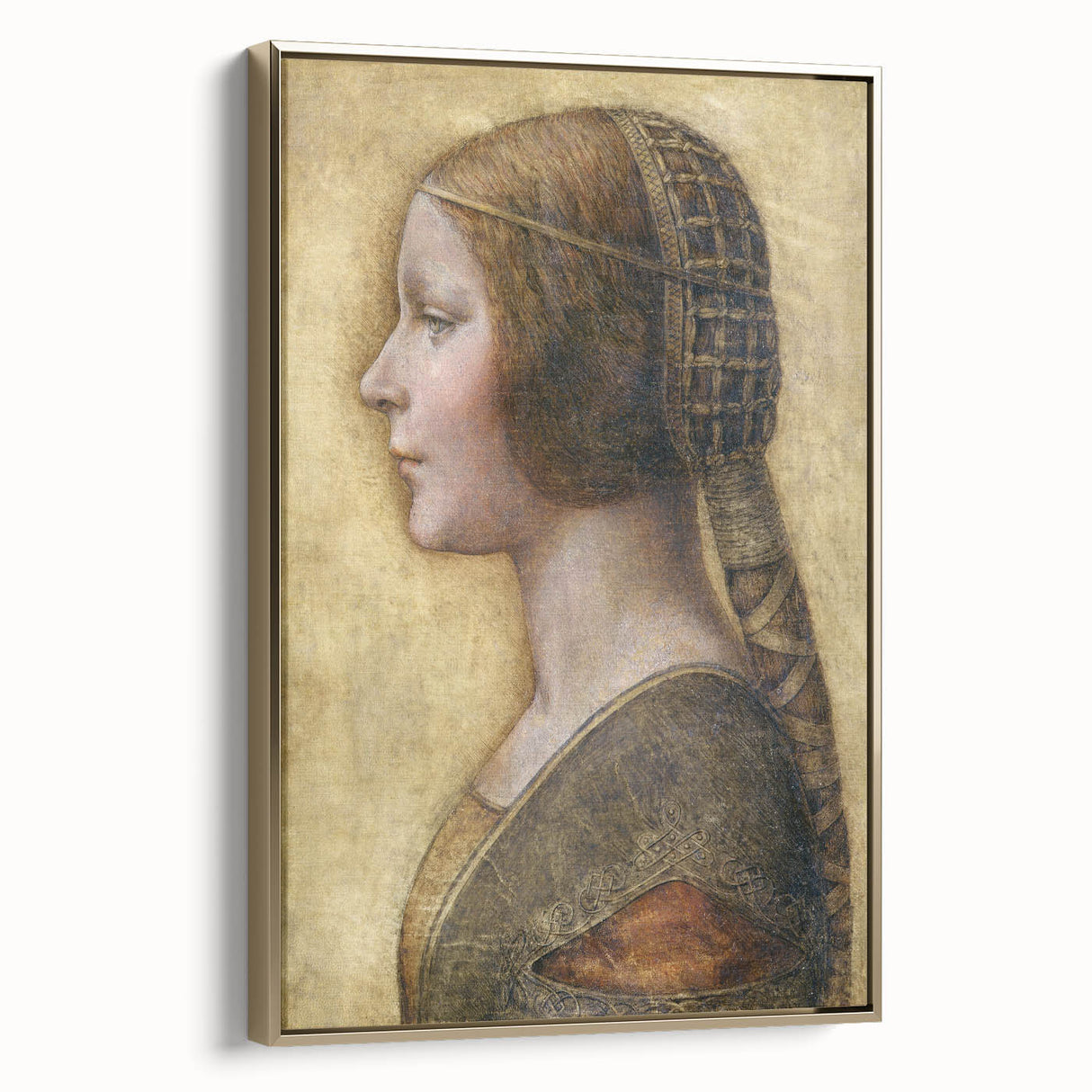 Framed canvas of a vintage Leonardo da Vinci landscape painting in muted earth tones, ideal for study room decor.