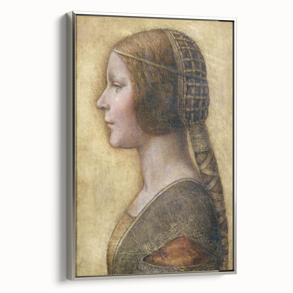 Vintage poster art of Leonardo da Vinci's design on framed canvas with colorful art palette, ideal for living room decor.