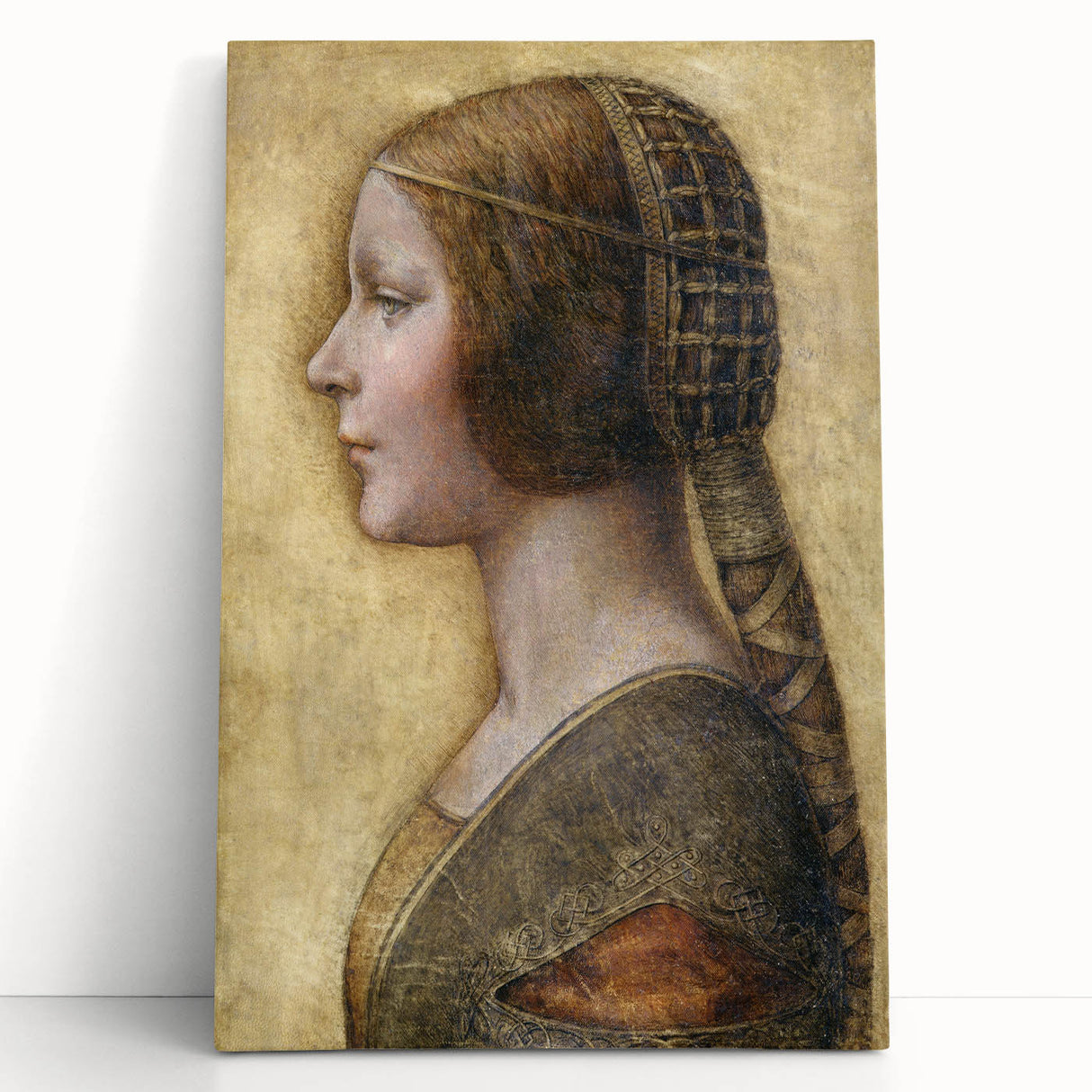 Black and white stretched canvas of Leonardo da Vinci's sketches, suitable as kitchen wall art or bedroom decor.