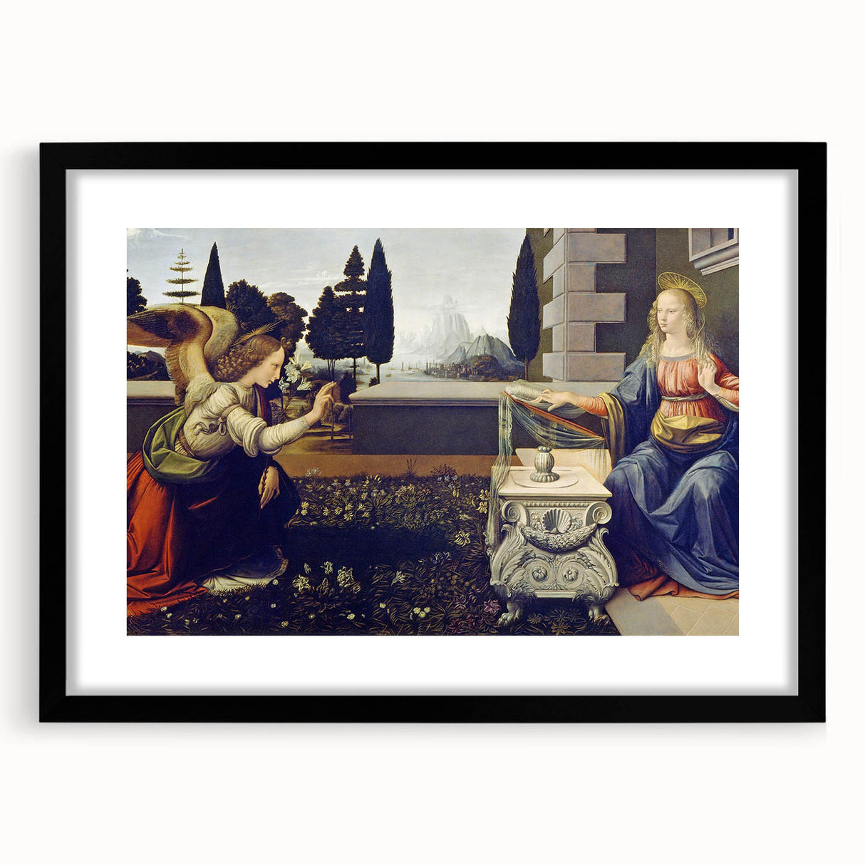 Colorful abstract art print featuring textured design in vibrant hues, presented in a large black framed format.