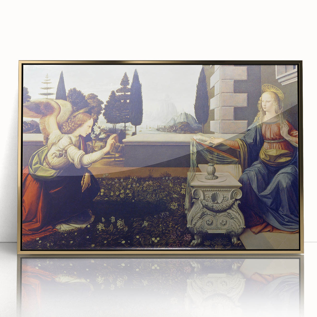 Mid-century modernist art depicting Leonardo da Vinci's design, framed acrylic in gold.