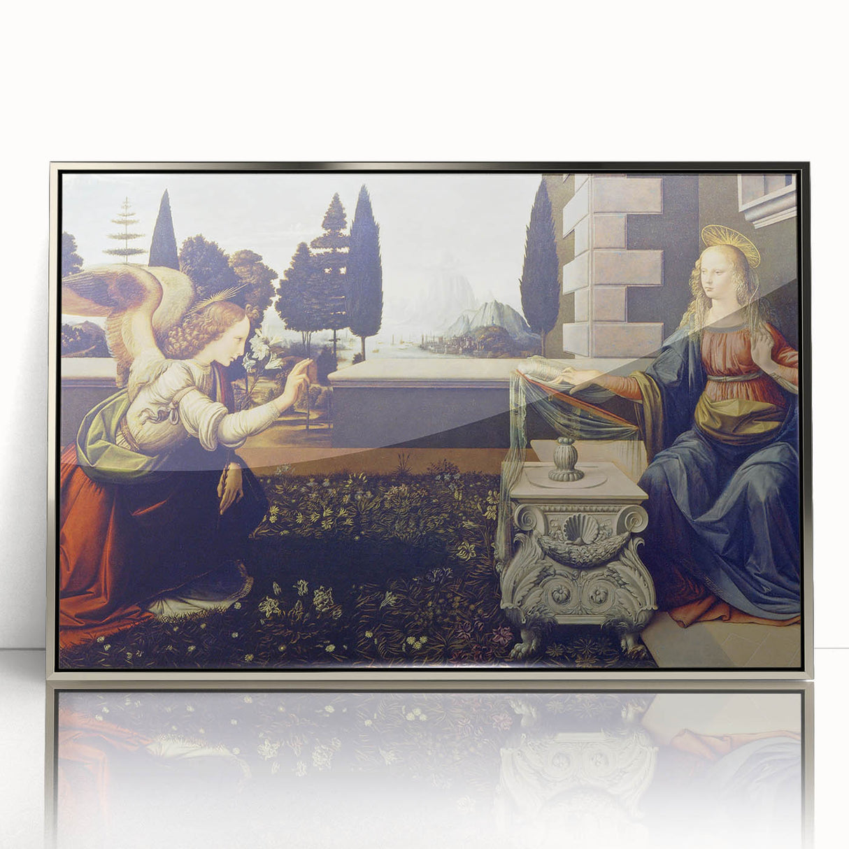 Art deco poster of Leonardo da Vinci's design in silver frame, featuring muted earth tones.
