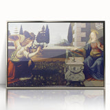 Art deco poster of Leonardo da Vinci's design in silver frame, featuring muted earth tones.