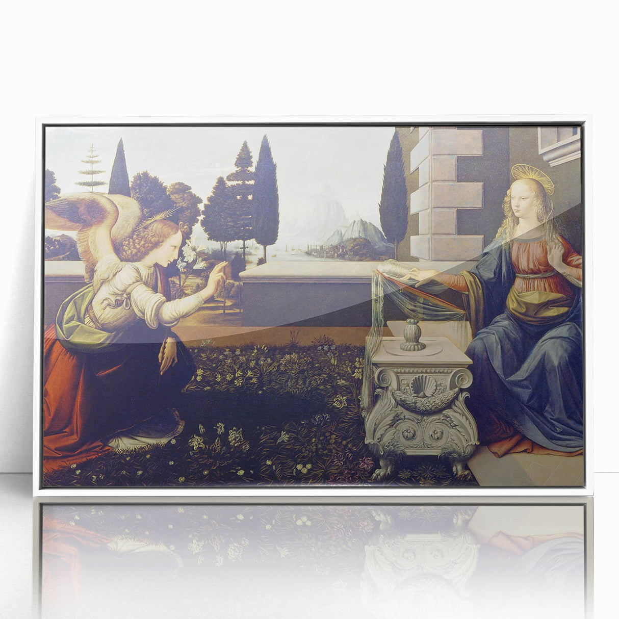 Large art print of a Leonardo da Vinci sketch in muted gray tones, framed in white acrylic.