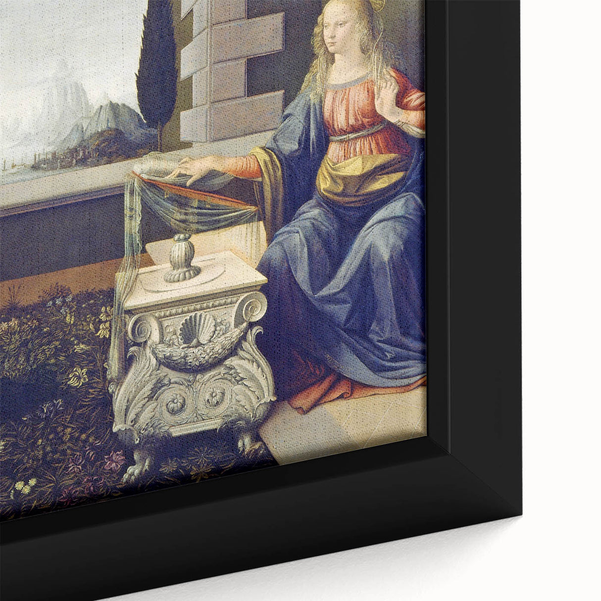 Close-up of a textured black wall art piece depicting Leonardo da Vinci's work, with vibrant color accents.