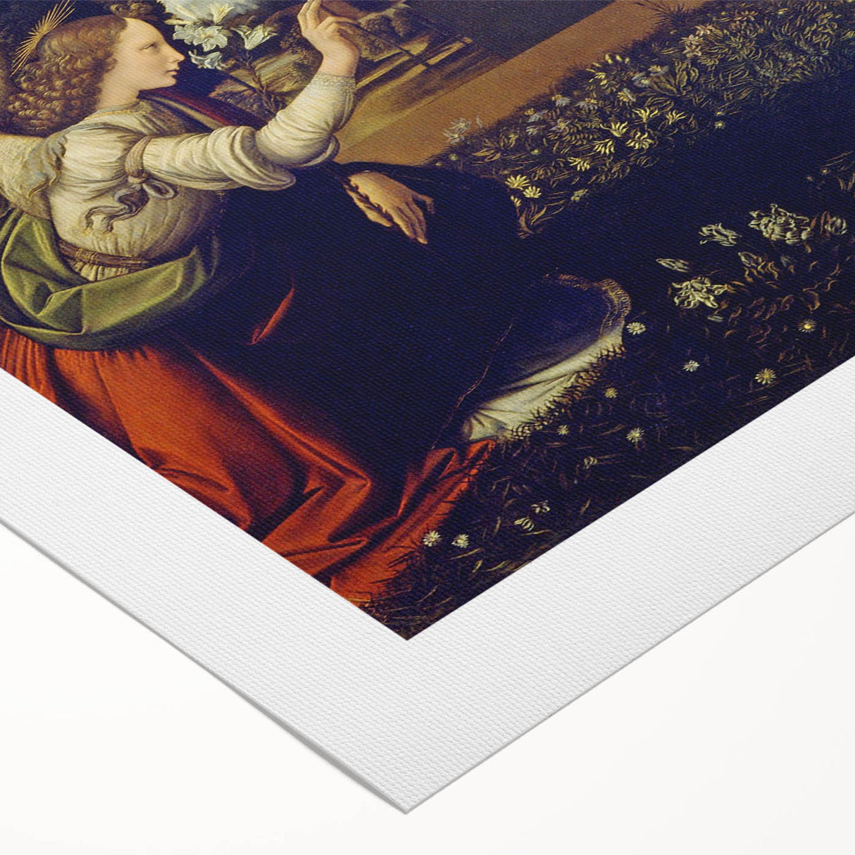 Art deco poster of Leonardo da Vinci on rolled canvas, featuring muted earth tones.