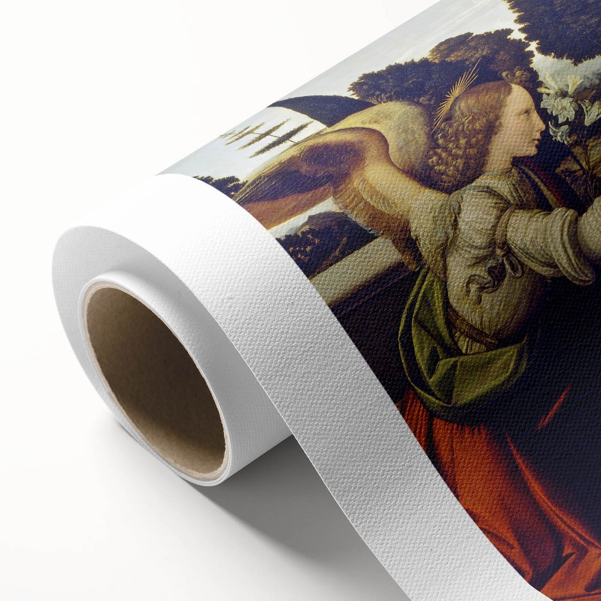 Art deco poster of Leonardo da Vinci on rolled canvas, featuring muted earth tones.