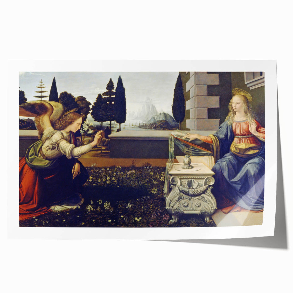 Early Renaissance style art depicting a detailed floral pattern in earth tones on a large rolled canvas.