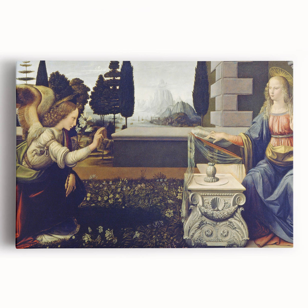 Black and white stretched canvas print of Leonardo da Vinci's artwork, suitable for kitchen wall art.