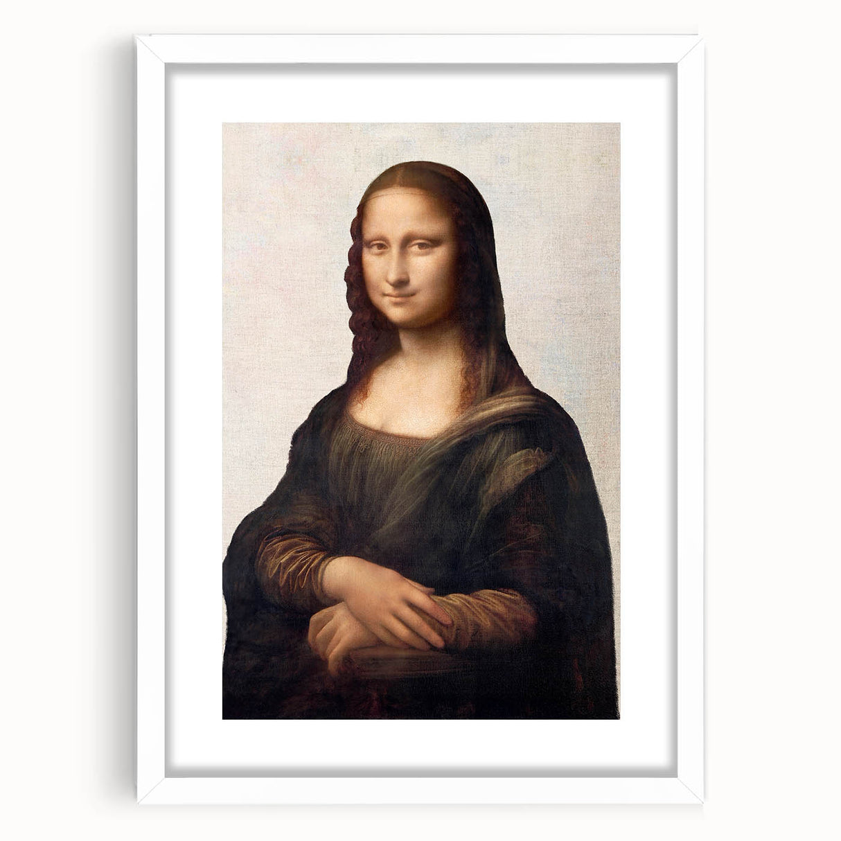 Extra large framed wall art featuring an abstract interpretation of Leonardo da Vinci's works in muted earth tones.