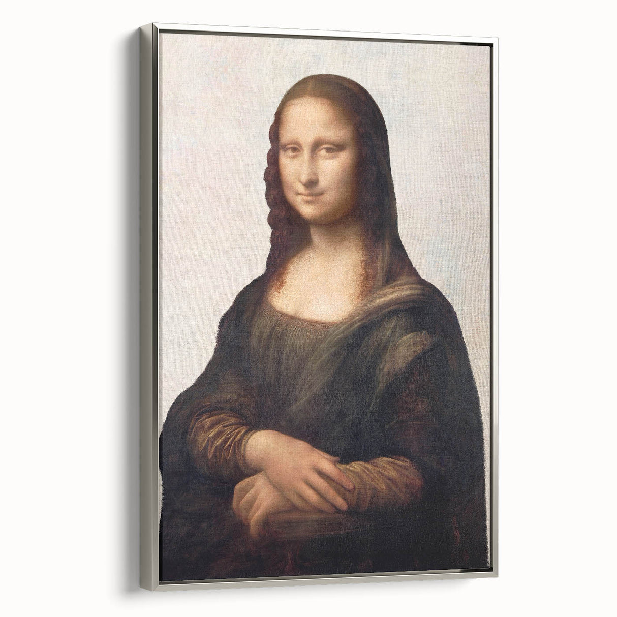 Vintage poster art of Leonardo da Vinci on framed canvas, featuring a black and colorful palette.