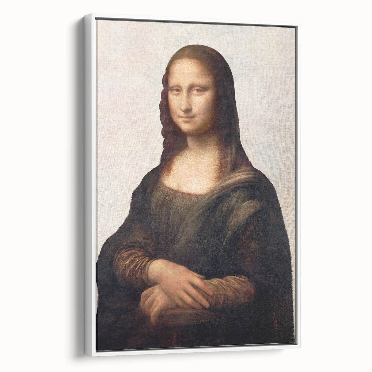 Framed canvas of a vintage-style Leonardo da Vinci landscape painting in muted earth tones, ideal for bedroom wall art.