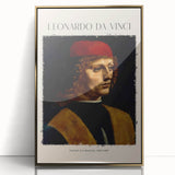 Mid-century modernist art depicting Leonardo da Vinci in muted gold tones, acrylic framed, ideal for nursery wall art.