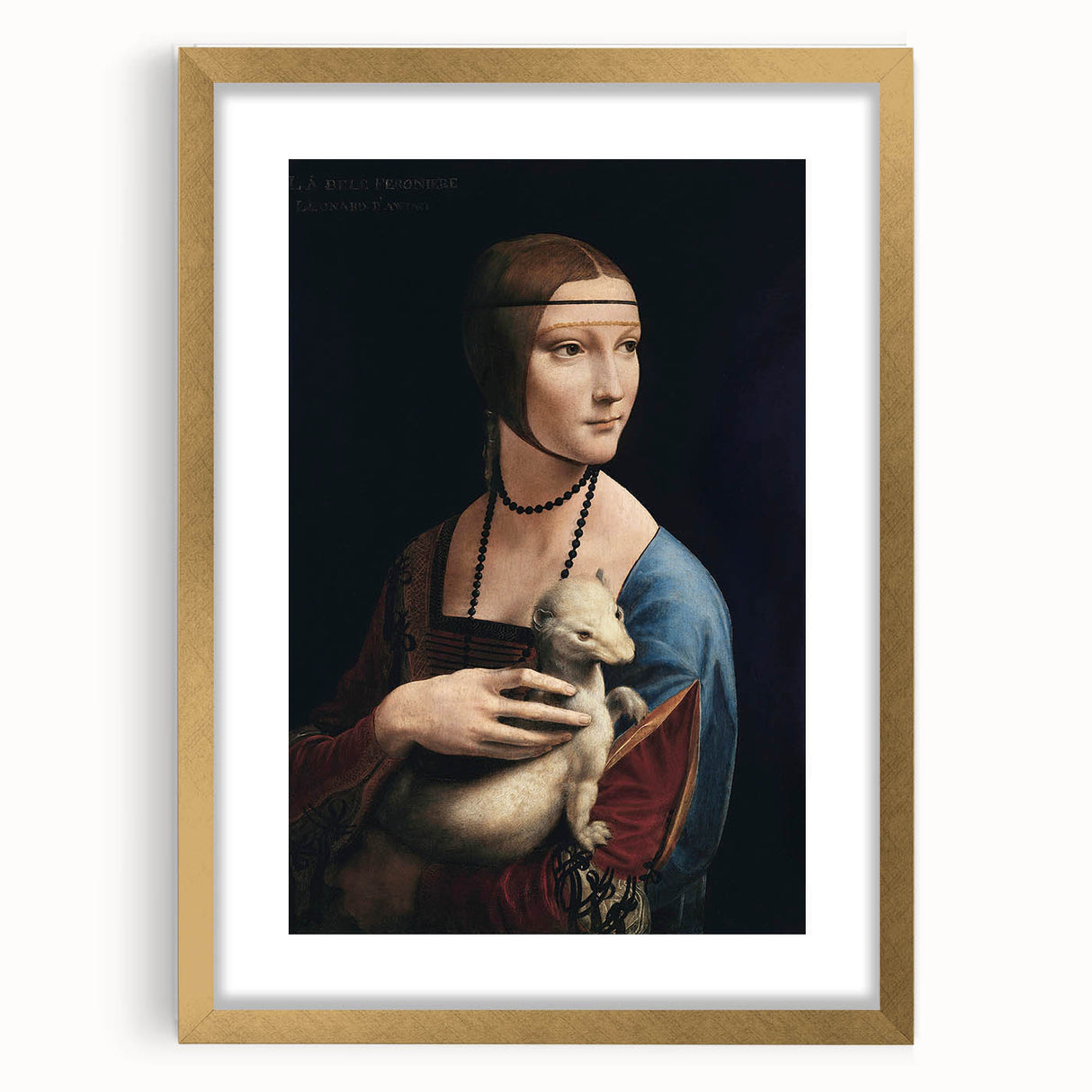 Textured art print of an abstract interpretation of Leonardo da Vinci's work in a gold frame, suitable for bedroom decor.