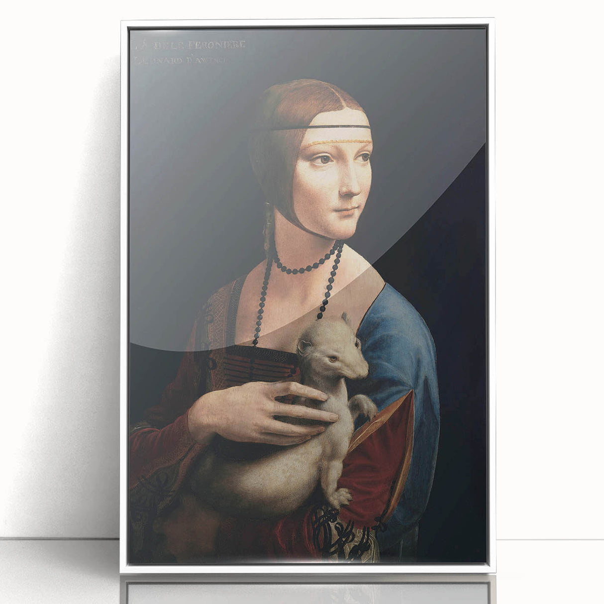 Acrylic print of a mid-century modernist depiction of Leonardo da Vinci on a white frame, suitable for modern art wall decor.
