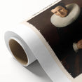 Art Deco style poster of a Rembrandt design on rolled canvas, featuring muted earth tones.