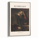 Vintage poster art of Rembrandt in muted colors on a silver-framed canvas, suitable for living room decor.