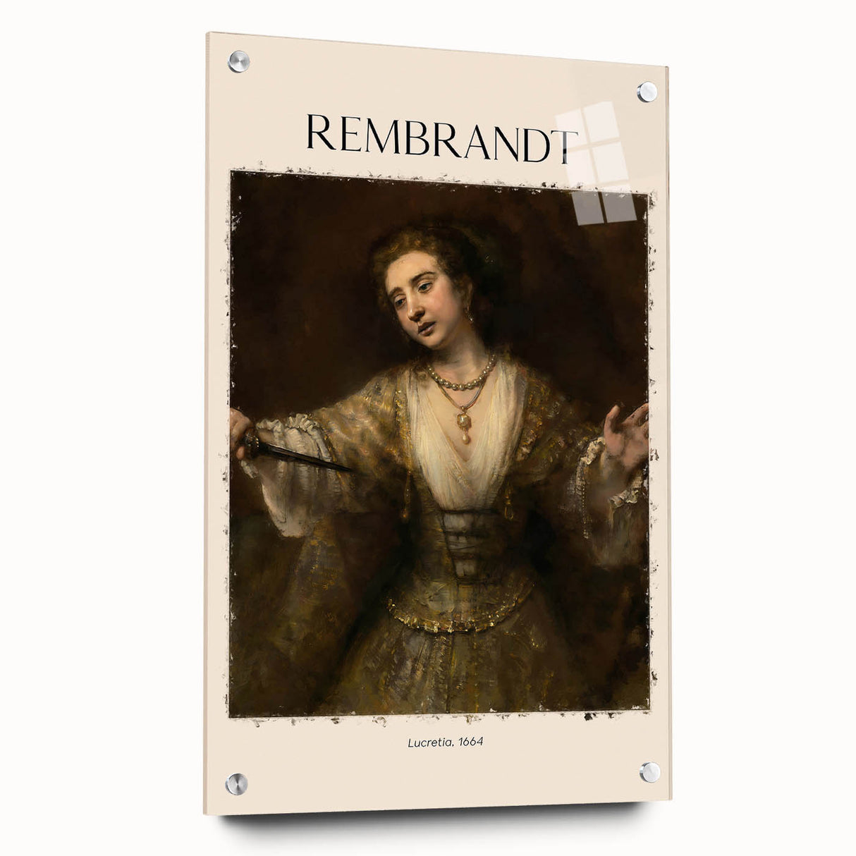 Acrylic print of a Rembrandt-inspired portrait in muted earth tones, suitable for dining room or bedroom decor.