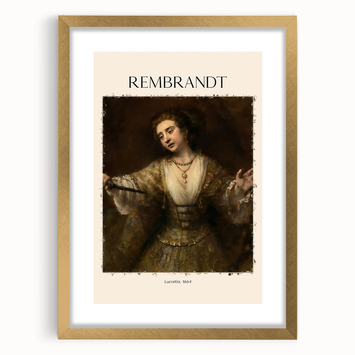 Textured abstract art print of Rembrandt-inspired design in gold frame with mat, ideal for bedroom art.