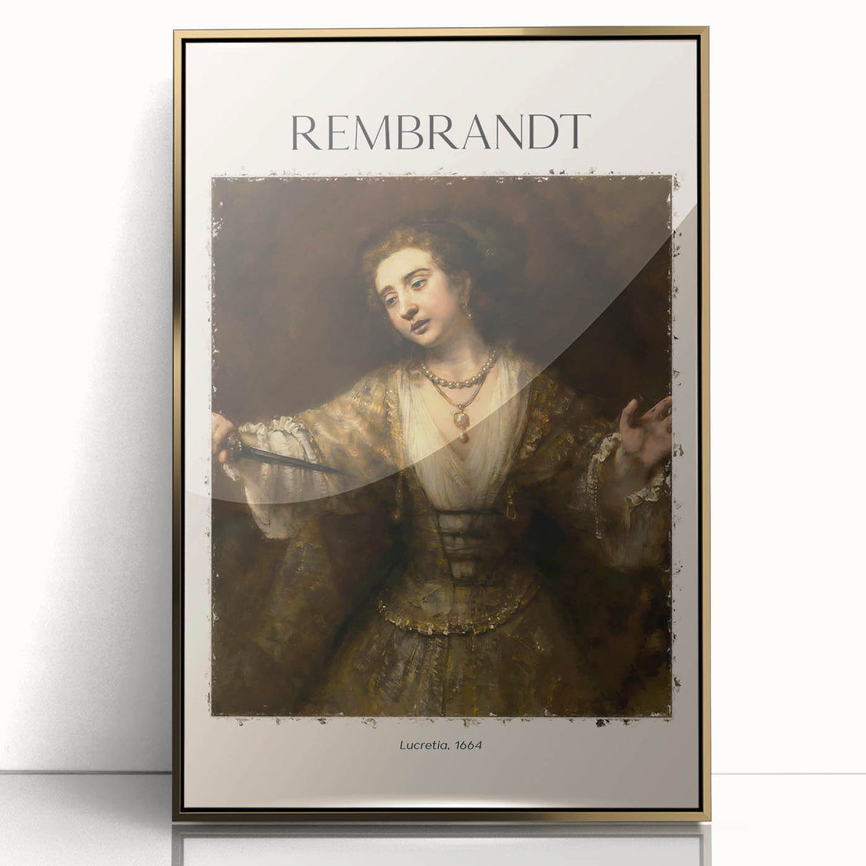Mid-century modernist art deco poster featuring Rembrandt-inspired design in gold and black tones, framed acrylic.