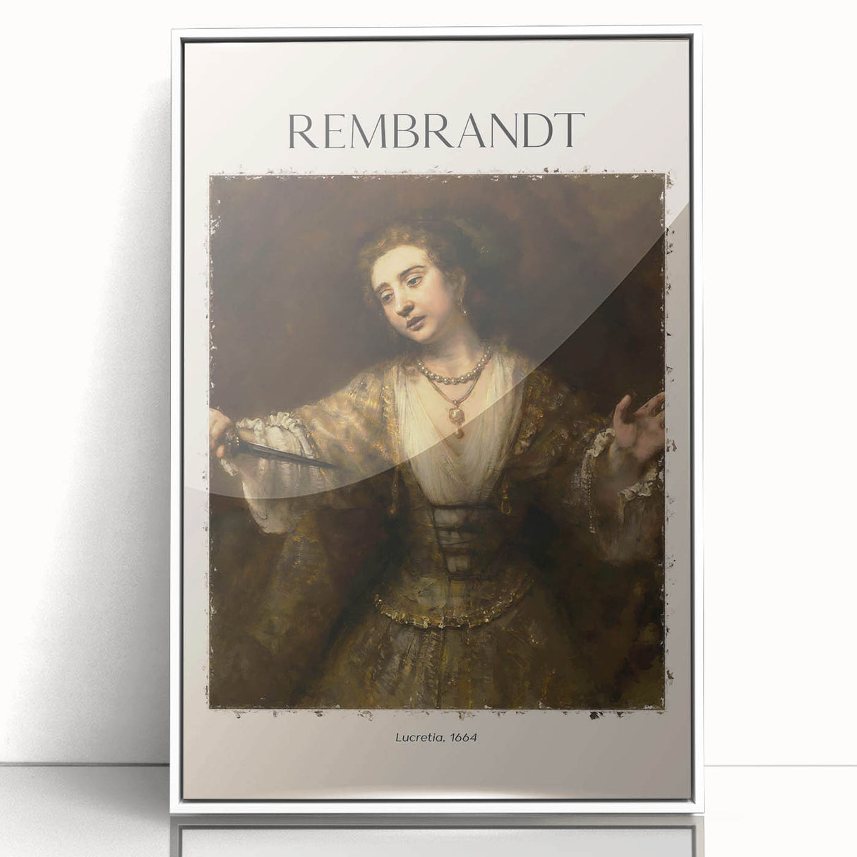 Large art print of a mid-century modernist style Rembrandt painting in a white acrylic frame.