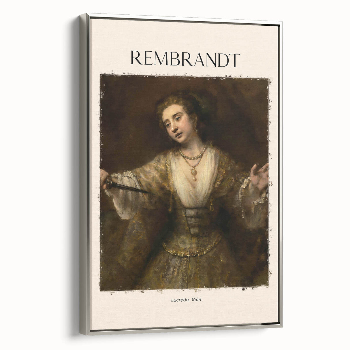 Vintage poster art of Rembrandt in muted black and silver tones on a framed canvas, ideal for living room decor.