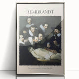 Art deco poster of a Rembrandt-inspired portrait in muted tones on a silver-framed acrylic.