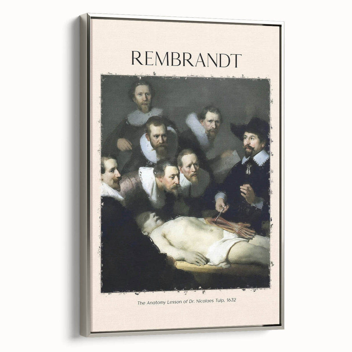 Vintage poster art of Rembrandt in muted black and silver hues on a framed canvas.