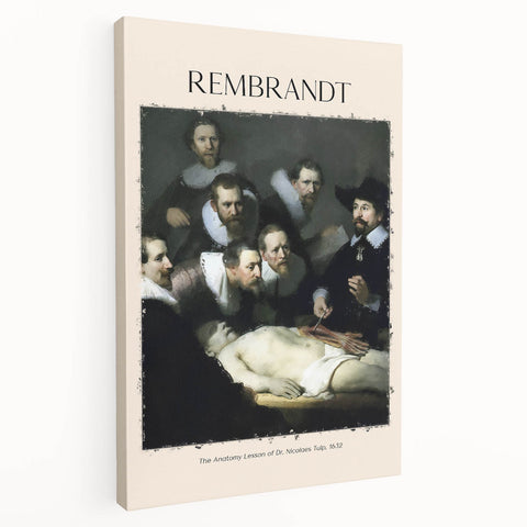Side view of a large canvas print depicting Rembrandt's portrait in muted browns and golds, ideal for kitchen wall art.