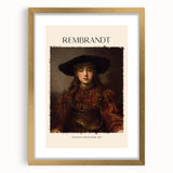 Textured abstract art print depicting Rembrandt-inspired design in earth tones, framed in gold, ideal for bedroom art.