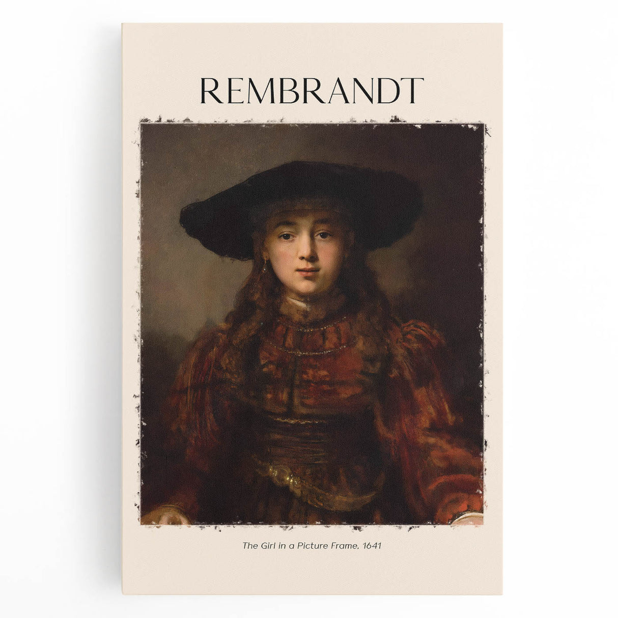 Black and white print of Rembrandt's portrait on stretched canvas, suited for kitchen wall art.