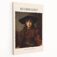 Side view of a stretched canvas featuring a Rembrandt-inspired portrait in earthy tones, ideal for kitchen wall art.