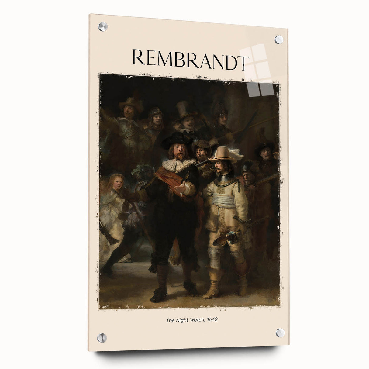 Side view of a Rembrandt-inspired acrylic print, featuring muted earth tones, ideal for dining room decor.
