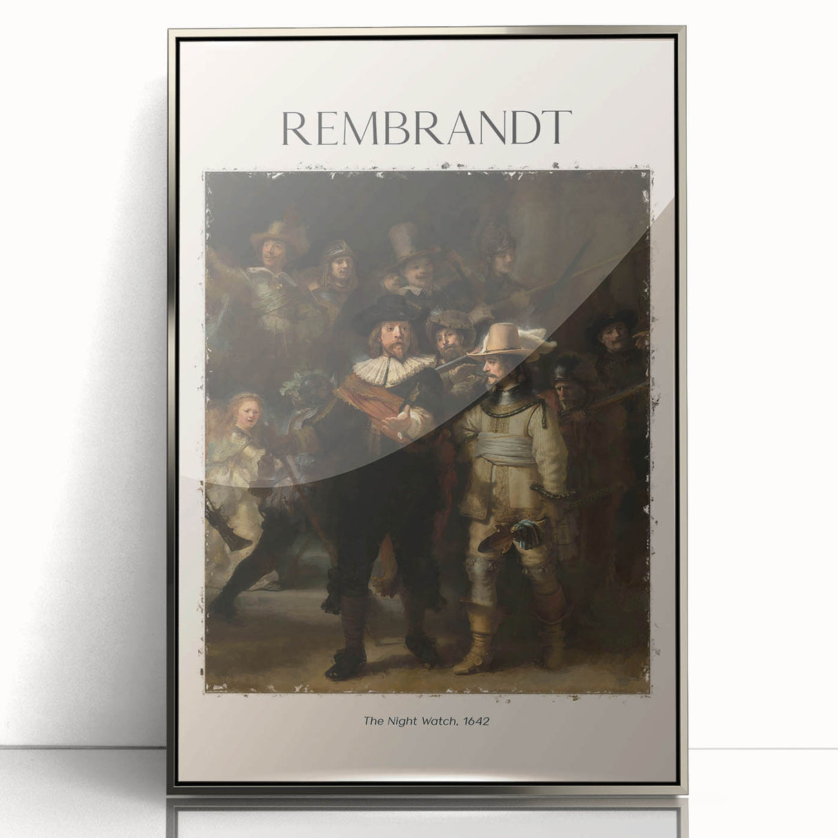 Acrylic print of a Rembrandt-inspired art deco poster in muted gold and silver tones.