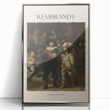 Acrylic print of a Rembrandt-inspired art deco poster in muted gold and silver tones.