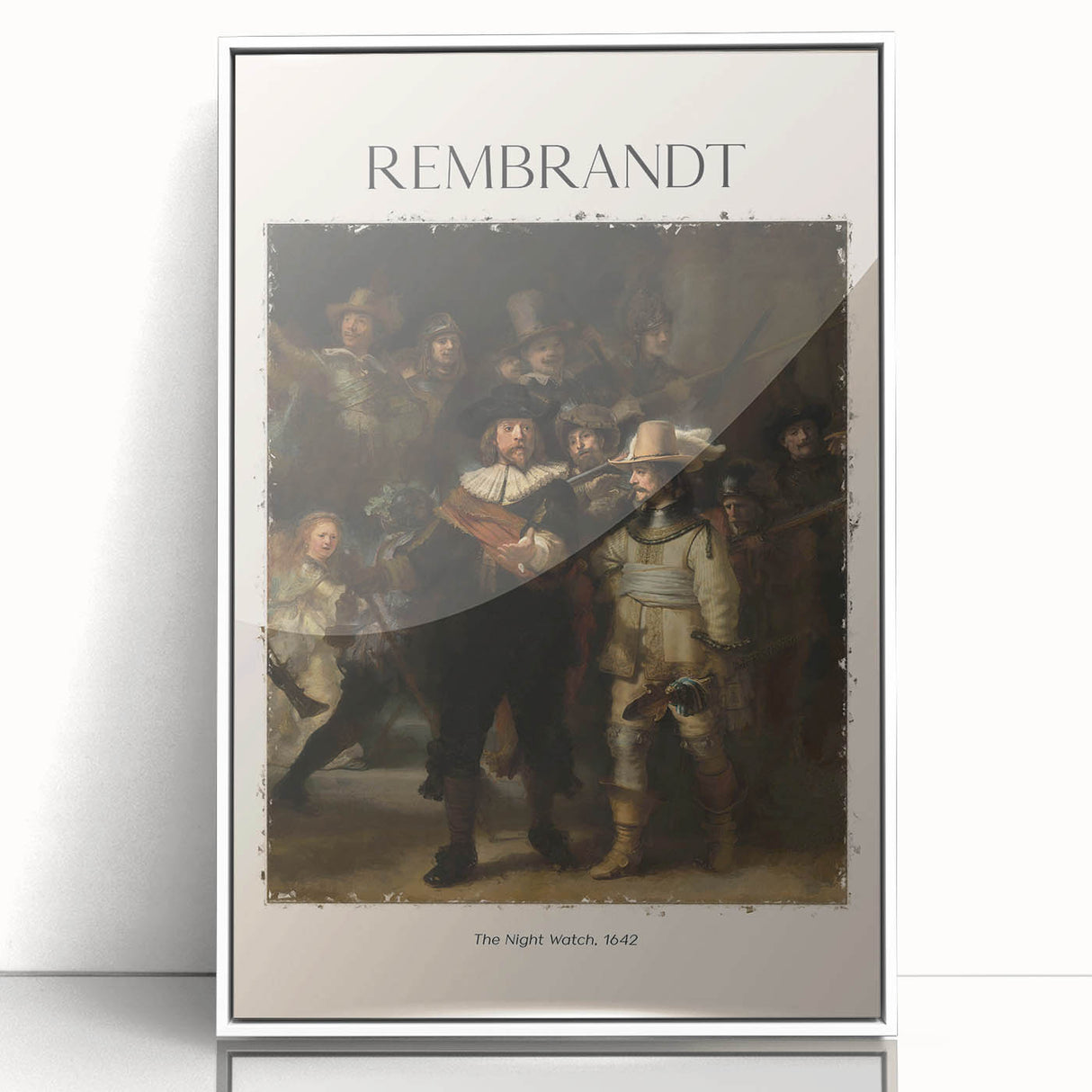 Mid-century modernist art featuring a Rembrandt-inspired portrait in muted earth tones, acrylic print framed in white.
