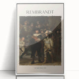 Mid-century modernist art featuring a Rembrandt-inspired portrait in muted earth tones, acrylic print framed in white.