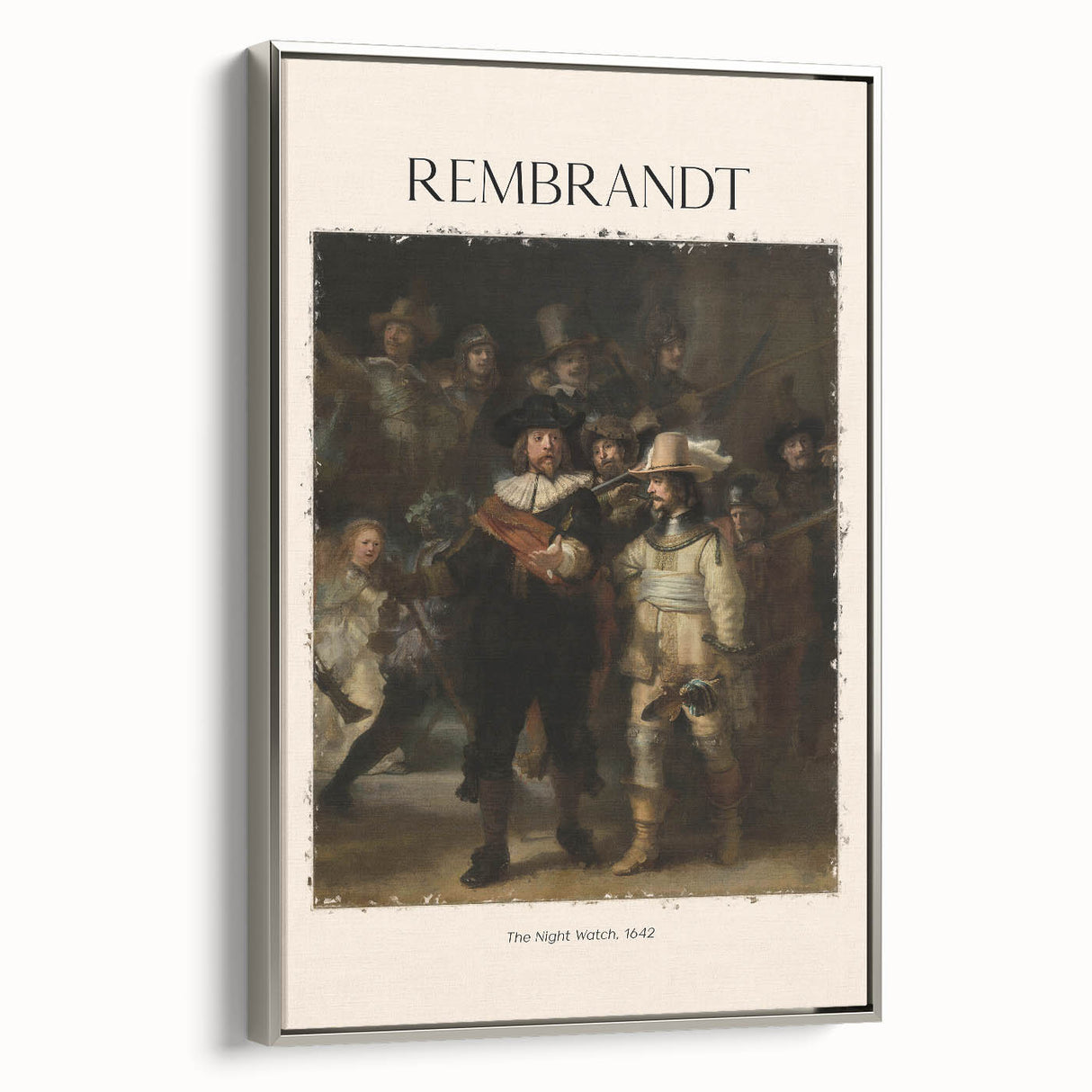 Vintage poster art of a Rembrandt painting on a silver-framed canvas, featuring muted earth tones.