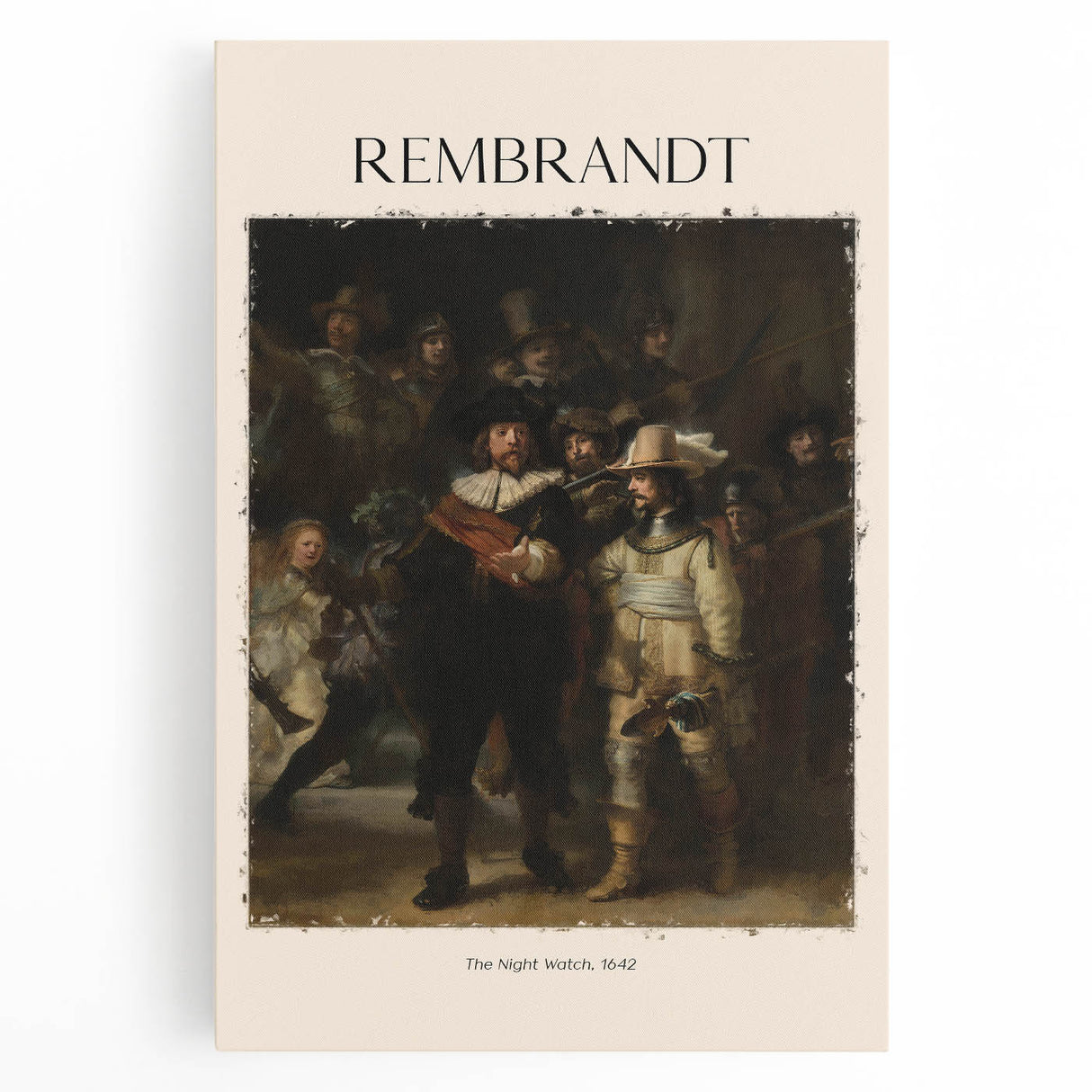 Black and white print of Rembrandt's artwork on stretched canvas, ideal for kitchen wall art.