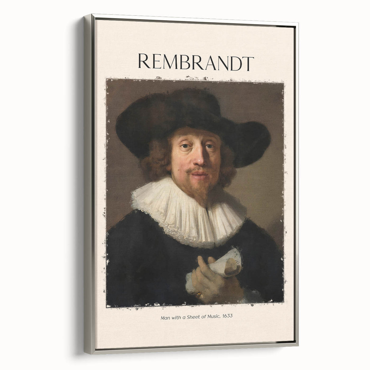 Vintage poster art featuring a Rembrandt design on a large framed canvas, with muted color accents.