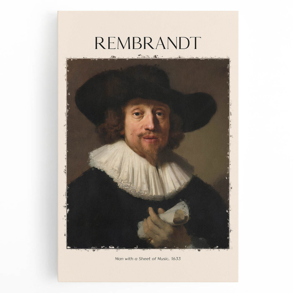 Black and white print of Rembrandt's artwork on stretched canvas, ideal for kitchen wall art.