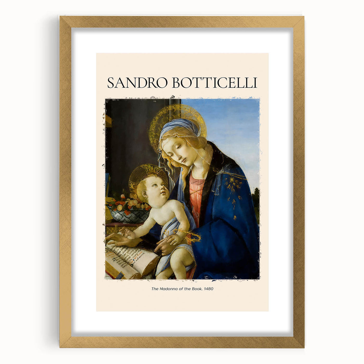 Textured abstract art print of Sandro Botticelli's design in a gold frame with mat, featuring muted earth tones.