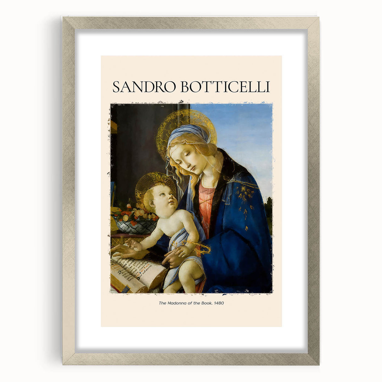 Abstract art print of Sandro Botticelli design in silver frame with mat, featuring muted pastel tones.