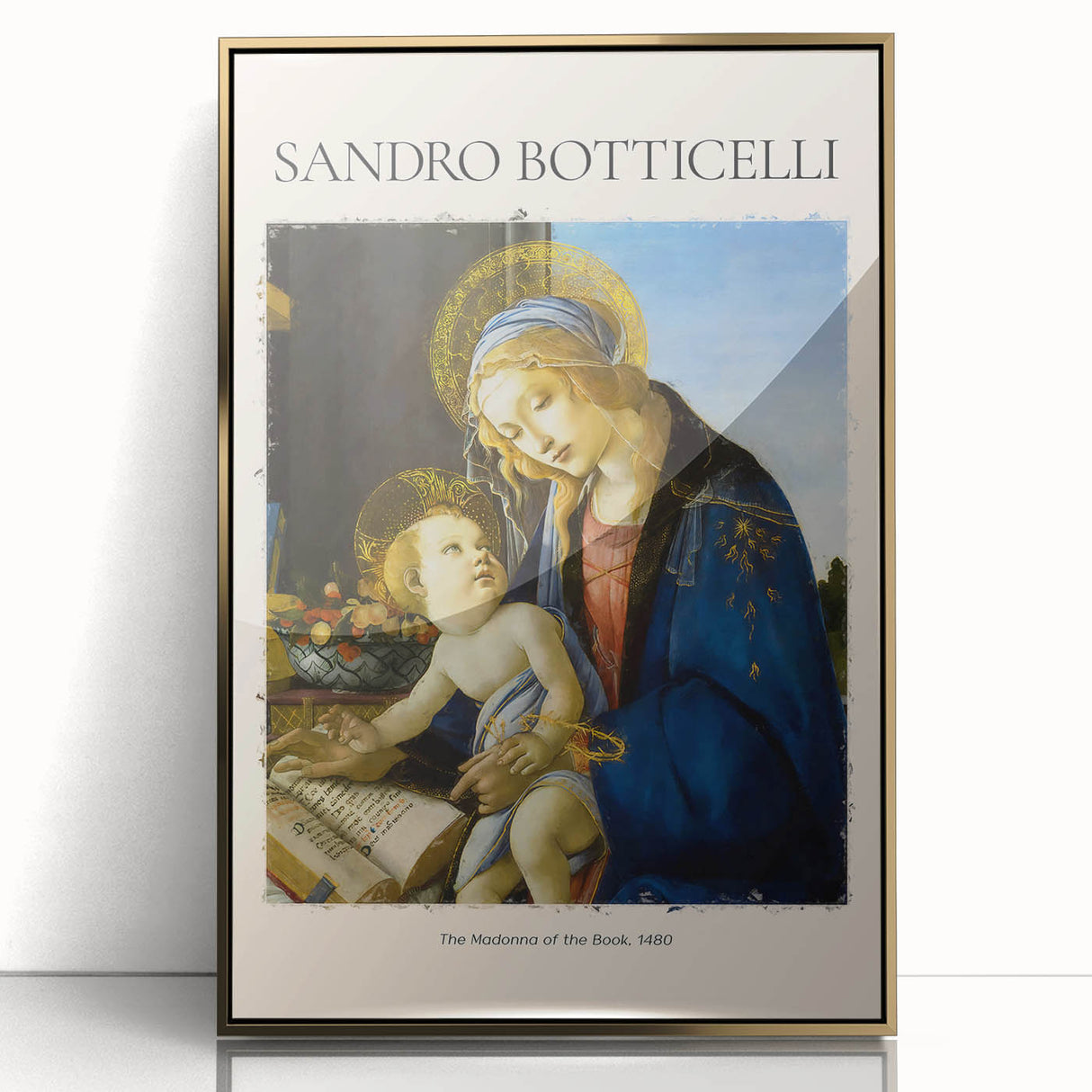 Mid-century modernist art depicting Sandro Botticelli's influence, framed in gold acrylic, ideal for nursery wall art.